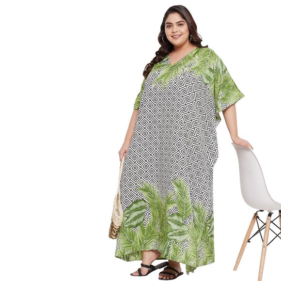 Gypsie Blu Leaf & Geometric Printed Plus Size Kaftan Dress Stylish Maxi Dresses - Picture 3 of 8
